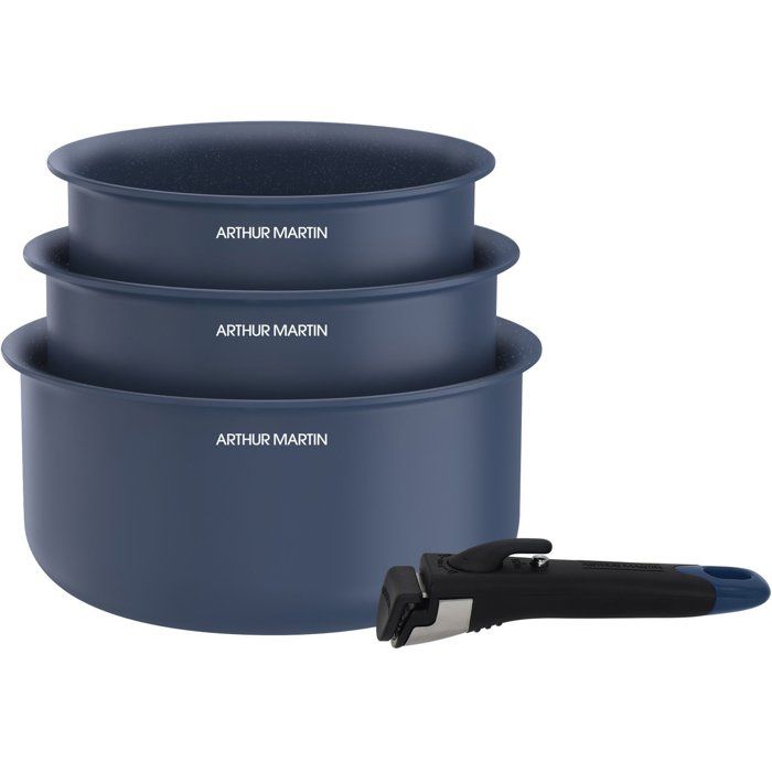 Set de 3 casseroles - Tous feux dont induction - ARTHUR MARTIN - AM0320 - Céramique - Ř 16-18-20 cm + poignée amovible - Bleu