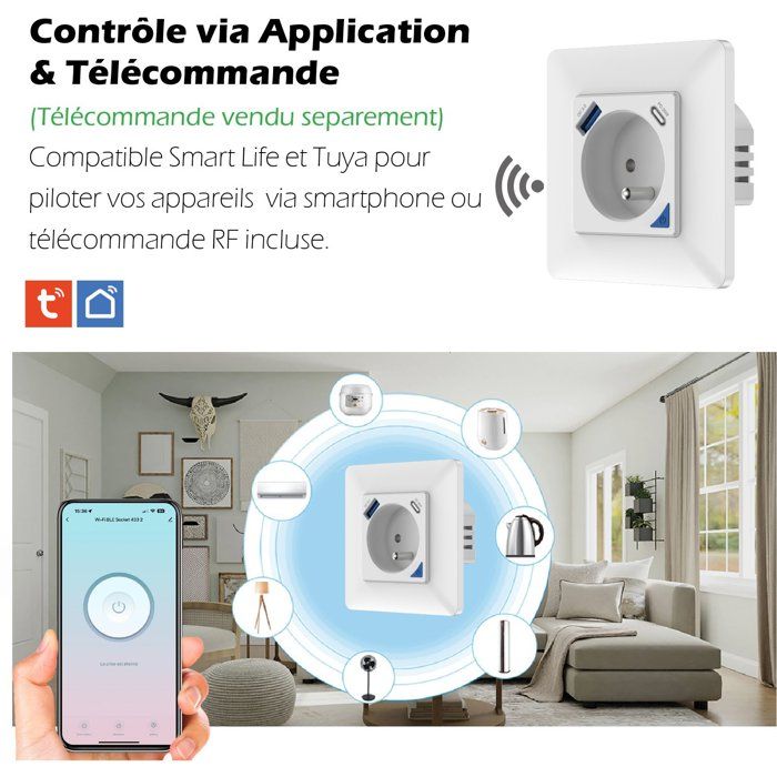 Prise encastrée connectée intérieure - KYF - Wifi - Avec compteur d'énergie + Prise USB et USB - C
