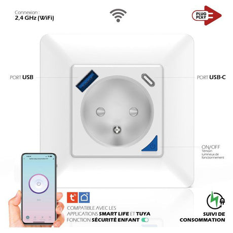 Prise encastrée connectée intérieure - KYF - Wifi - Avec compteur d'énergie + Prise USB et USB - C
