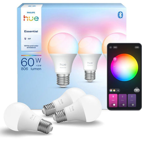 Pack de 3 ampoules - Philips Hue - Essential - E27 - A60 - Lumiere blanche et colorée - 8 W