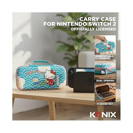 Housse de protection et transport console - Nintendo Switch 2 - Konixt  Hello Kitty - Filet rangement accessoires - Motif thé - Bleu