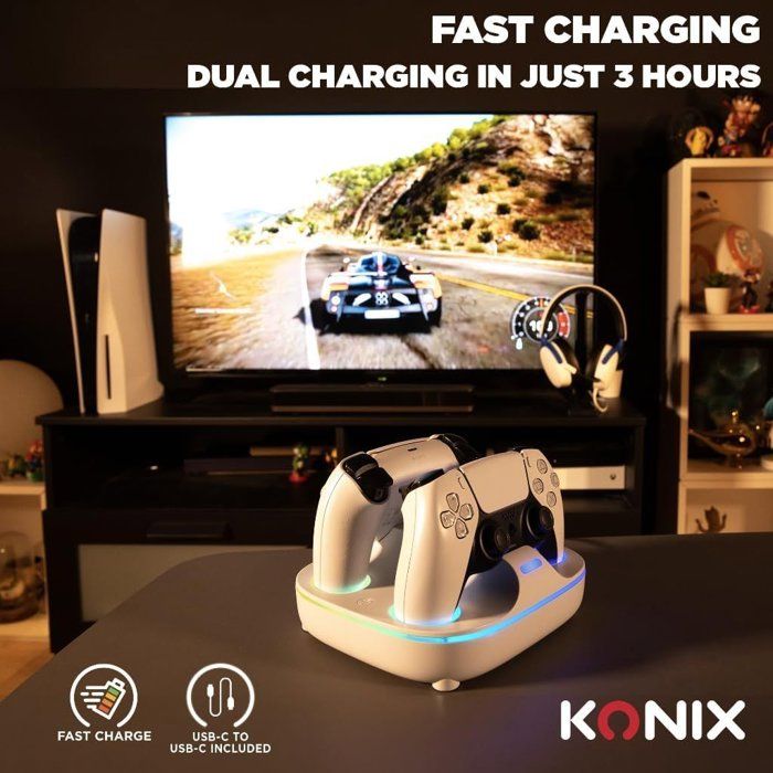 Station de rechargement pour 2 manettes DualSense - PS5 - Konix - Charge rapide - Connecteurs magnétiques - Blanc