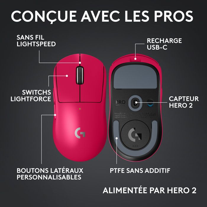 Souris - Sans fil - Logitech G - PRO X Superlight 2c - Rose