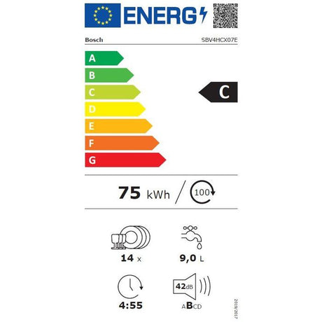 Lave-vaisselle tout encastrable BOSCH SBV4HCX07E SER4 - 14 couverts - Induction - L60cm - grande hauteur - 42dB - Classe C