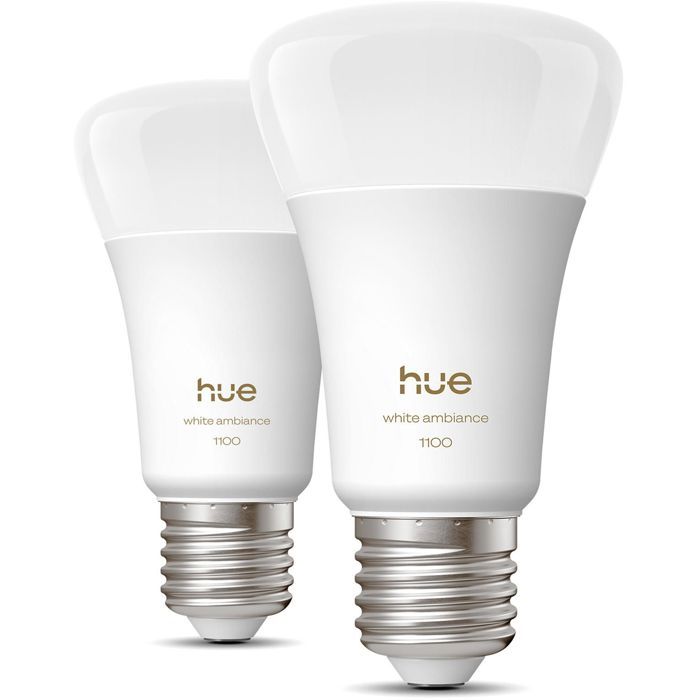 Pack de 2 ampoules LED connectées A60 - PHILIPS HUE - Lumiere blanche chaude - Culot E27 - 8,1W - 1000-2000k - 1100 lumens