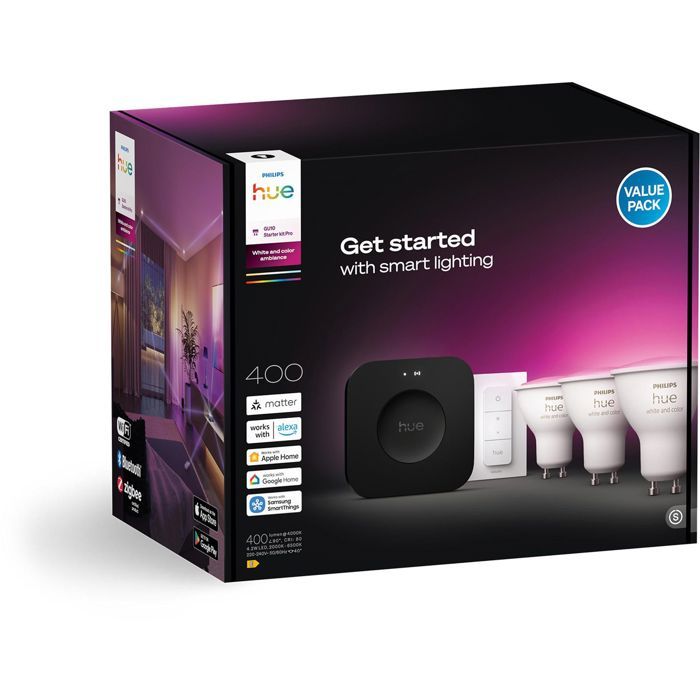 Kit de démarrage - PHILIPS HUE - Lumiere blanche et ambiance colorée - 1 Bridge Pro + 3  3 spots GU10 400 lumens + 1 dimmer switch
