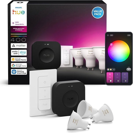 Kit de démarrage - PHILIPS HUE - Lumiere blanche et ambiance colorée - 1 Bridge Pro + 3  3 spots GU10 400 lumens + 1 dimmer switch