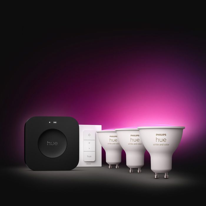 Kit de démarrage - PHILIPS HUE - Lumiere blanche et ambiance colorée - 1 Bridge Pro + 3  3 spots GU10 400 lumens + 1 dimmer switch