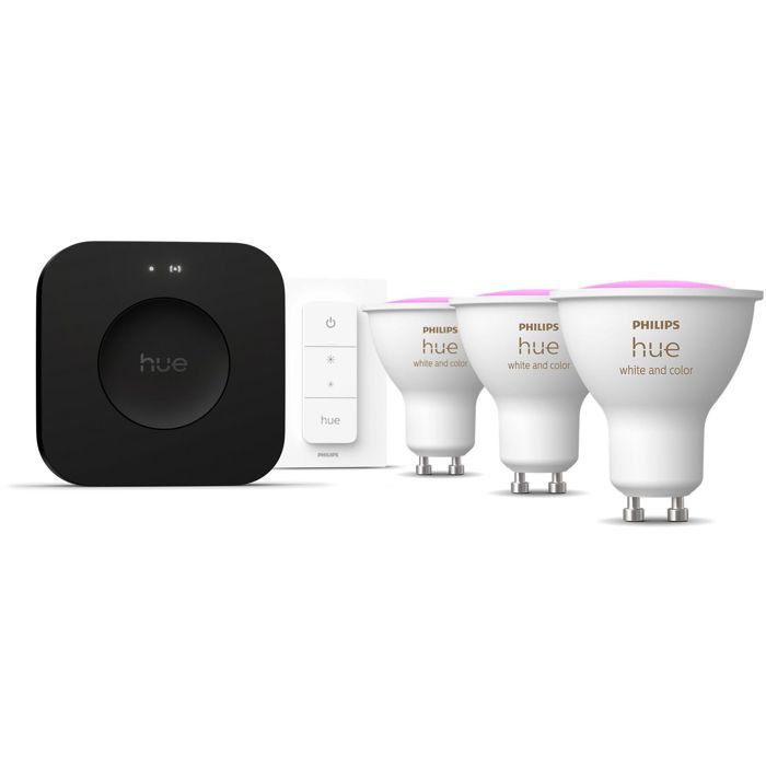 Kit de démarrage - PHILIPS HUE - Lumiere blanche et ambiance colorée - 1 Bridge Pro + 3  3 spots GU10 400 lumens + 1 dimmer switch
