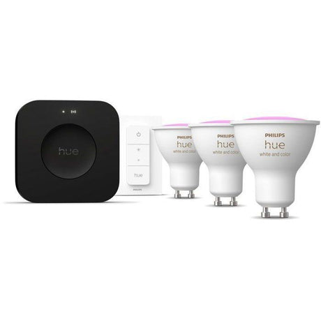 Kit de démarrage - PHILIPS HUE - Lumiere blanche et ambiance colorée - 1 Bridge Pro + 3  3 spots GU10 400 lumens + 1 dimmer switch
