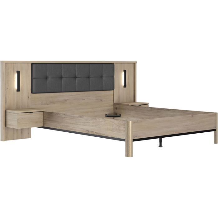 Lit adulte avec chevets lambris - MAXIMIN - 160 x 200 cm - Chene Krönberg clair - GAMI