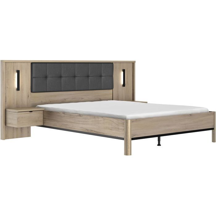 Lit adulte avec chevets lambris - MAXIMIN - 160 x 200 cm - Chene Krönberg clair - GAMI
