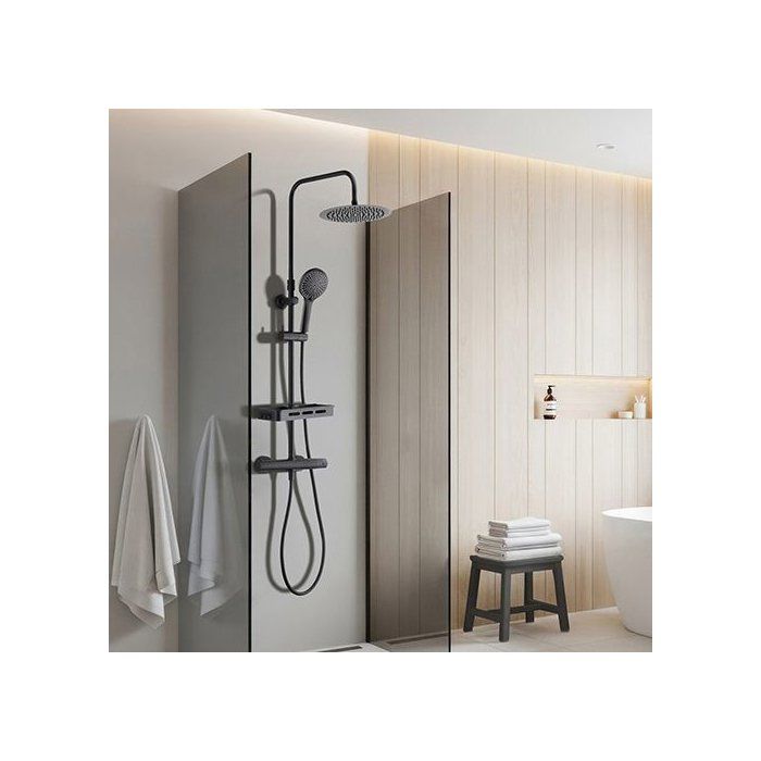Colonne de douche avec mitigeur thermostatique - Edouard Rousseau - Ars Tab - Noir - Douche de tete ronde - Douchette a main