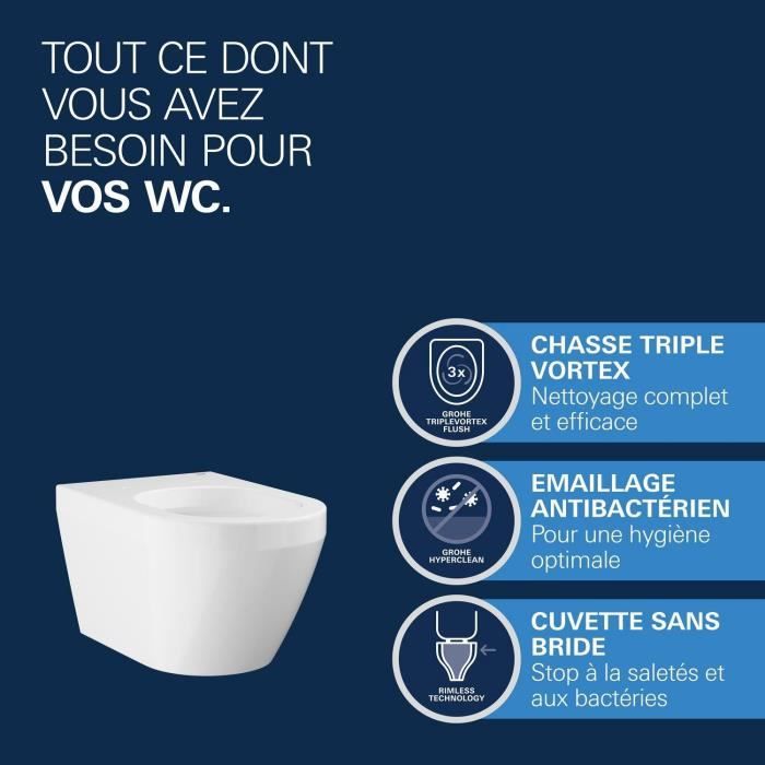 Cuvette WC suspendue compact - GROHE Euro Ceramic - Porcelaine vitrifiée - Sans bride - Blanc