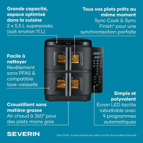 Friteuse sans huile - SEVERIN - AirFryer FR2468 - Capacité 11 L - Double cuve - 9 programmes - Écran tactile - 2600 W