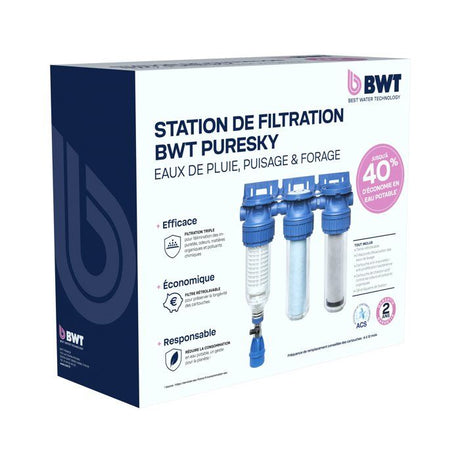 Station de filtration triplex - BWT - PURESKY 50 µm rétro-lavable + ARCTIC 20 µm + PUREBLOCK 10 µm