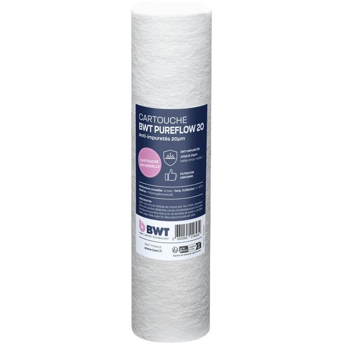 Cartouche filtrante - BWT - Extrudée 20 µm - Retient boues/sable/rouille/particules fines - Compatible filtres 10''
