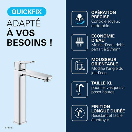Mitigeur de lavabo - GROHE DICE - Taille XL - Corps lisse sans vidage - Chrome