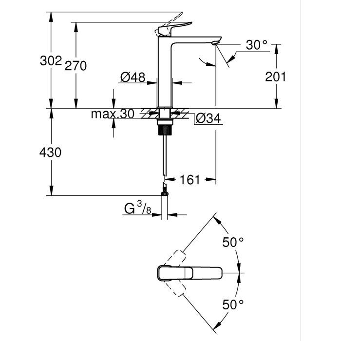 Mitigeur de lavabo - GROHE DICE - Taille XL - Corps lisse sans vidage - Noir mat