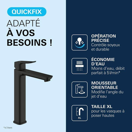 Mitigeur de lavabo - GROHE DICE - Taille XL - Corps lisse sans vidage - Noir mat
