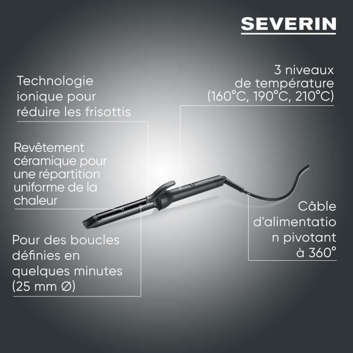 Fer a boucler ionique - SEVERIN - LG 0822 - 3 températures (160, 190, 210 °C) - Cordon 360° de 2,8 m - 1600 W - Noir