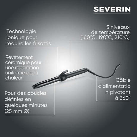 Fer a boucler ionique - SEVERIN - LG 0822 - 3 températures (160, 190, 210 °C) - Cordon 360° de 2,8 m - 1600 W - Noir
