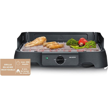 Barbecue électrique de table - SEVERIN - PG8593 - 2000 W - Surface de cuisson 38 x 22 cm - Grille Inox - Thermostat réglable - Noir