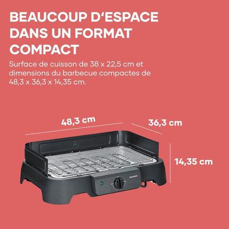 Barbecue électrique de table - SEVERIN - PG8593 - 2000 W - Surface de cuisson 38 x 22 cm - Grille Inox - Thermostat réglable - Noir