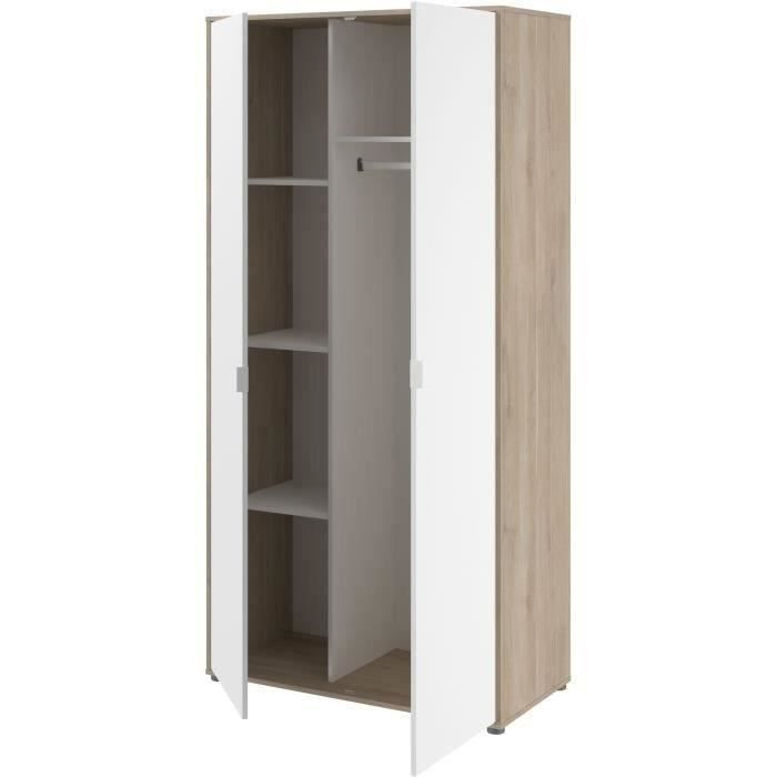 Armoire de chambre AALBORG - Décor Blanc et chene - 2 portes battantes - L100 x P50,2 x H204,3 cm - PARISOT