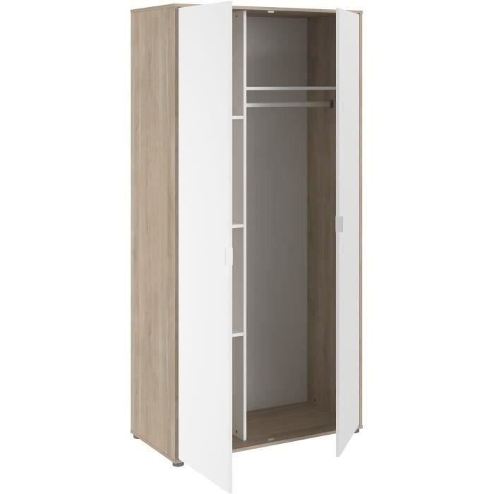 Armoire de chambre AALBORG - Décor Blanc et chene - 2 portes battantes - L100 x P50,2 x H204,3 cm - PARISOT
