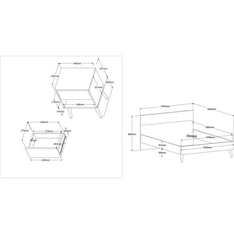 Ensemble Lit 140 x 190 cm + 2 chevets - AALBORG - Scandinave - Blanc / Chene - PARISOT