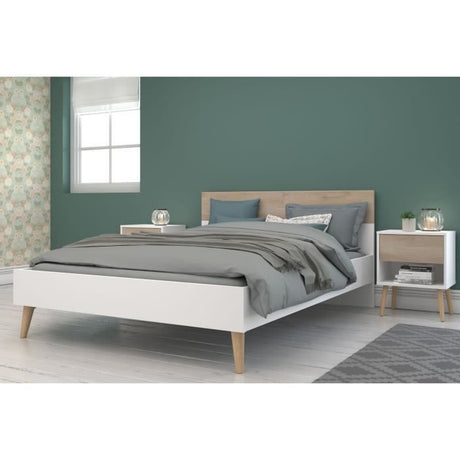 Ensemble Lit 160 x 200 cm + 2 chevets - AALBORG - Scandinave - Blanc / Chene - PARISOT