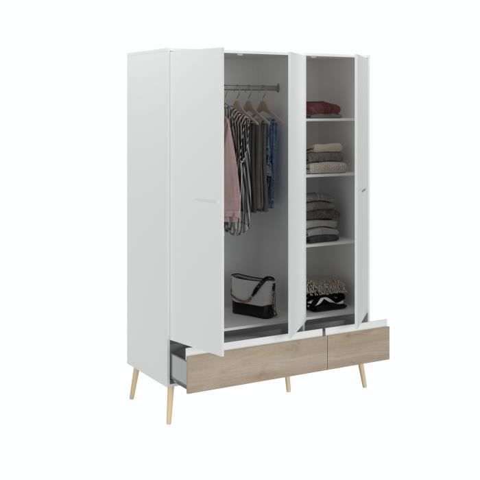 Chambre complete - AALBORG - Scandinave - Blanc / Chene - Lit 140 x 190 cm, 2 chevets, commode, armoire - PARISOT