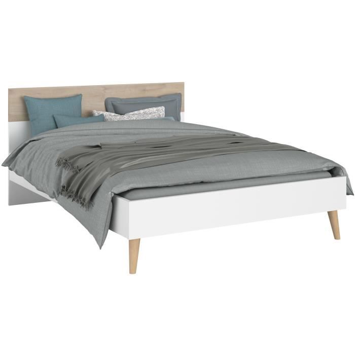 Chambre complete - AALBORG - Scandinave - Blanc / Chene - Lit 160 x 200 cm, 2 chevets, commode, armoire - PARISOT