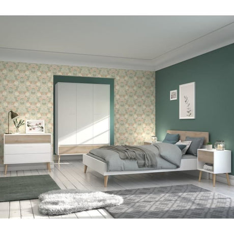 AALBORG Lit adulte 140x190 cm - Style Scandinave - Fabrication Française - Blanc et Chene