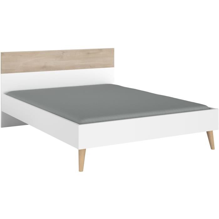 AALBORG Lit adulte 140x190 cm - Style Scandinave - Fabrication Française - Blanc et Chene