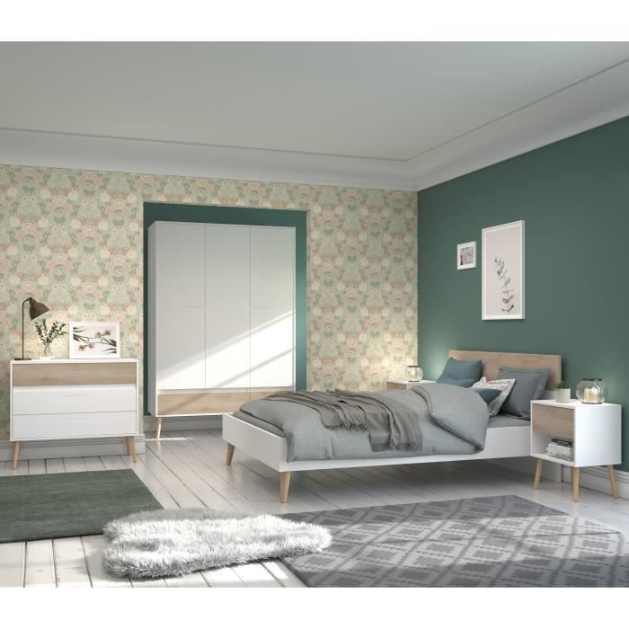 Lit adulte - AALBORG - 160 x 200 cm - Blanc / Chene - PARISOT
