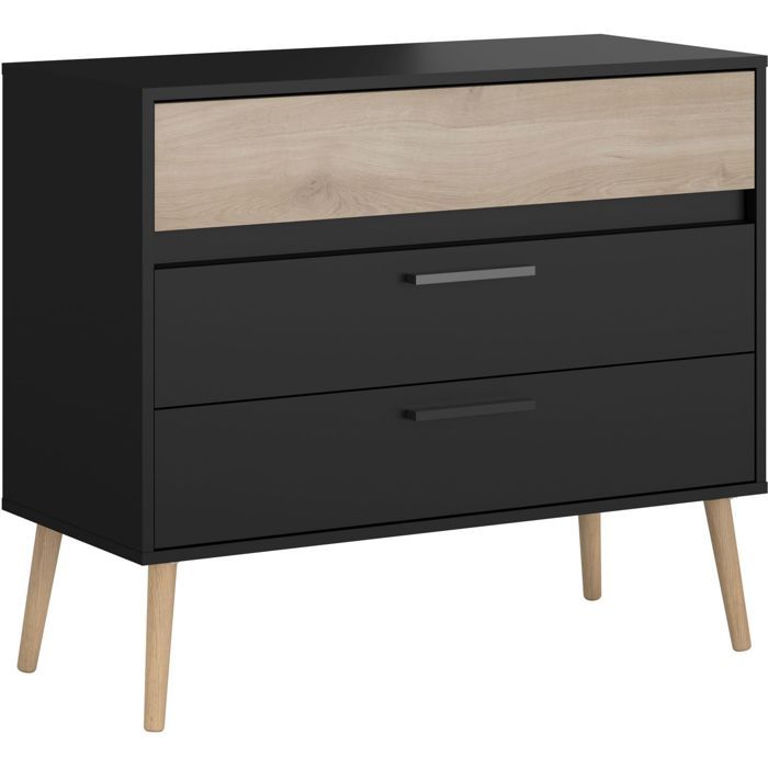 Commode - AALBORG - 3 tiroirs  - Décor Noir et chene - Style Scandinave - L90,8 x P39,9 x H77,5 cm - PARISOT