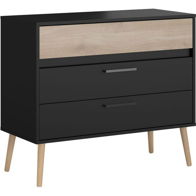 Commode - AALBORG - 3 tiroirs  - Décor Noir et chene - Style Scandinave - L90,8 x P39,9 x H77,5 cm - PARISOT