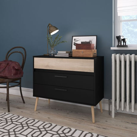 Commode - AALBORG - 3 tiroirs  - Décor Noir et chene - Style Scandinave - L90,8 x P39,9 x H77,5 cm - PARISOT