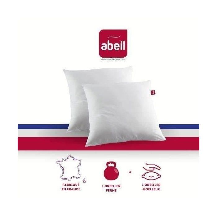 ABEIL Lot de 2 Oreillers DOUBLE CONFORT 100% Coton 60x60cm