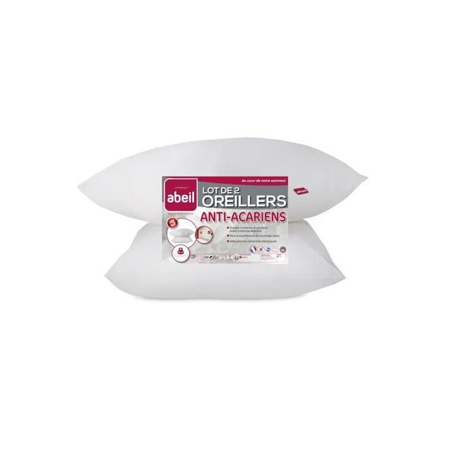 Lot de 2 Oreillers - ABEIL - Anti-Acarien - 60 x 60 cm - Blanc