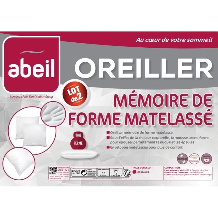 ABEIL Lot de 2 Oreillers a mÈmoire de forme matelassÈs- 60x60 cm - Blanc