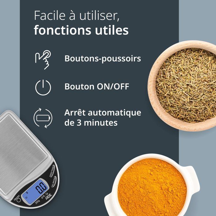 Balance de cuisine digitale - ADE - POCKET - Plastique ABS - De 0,1 a 300 Gr - Inclus 2 piles AAA