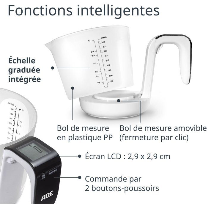 Pichet Gradué/balance - ADE - FRANCA - Verre/Synthétique - 20,7 x 14,6 cm - Inclus 1 pile Cr2032