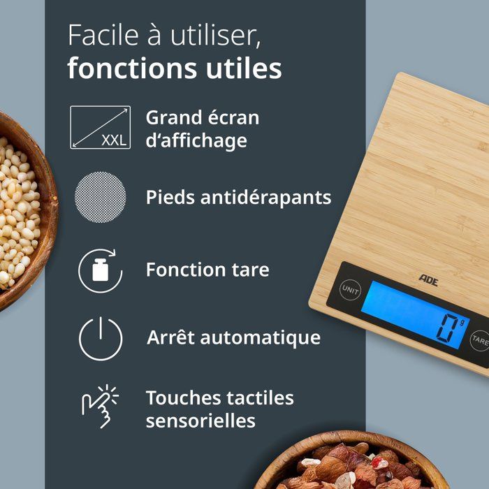 Balance de cuisine digitale - ADE - RAMONA - Bambou - 23 x 18 x 2 cm - Inclus 2 piles Cr2032