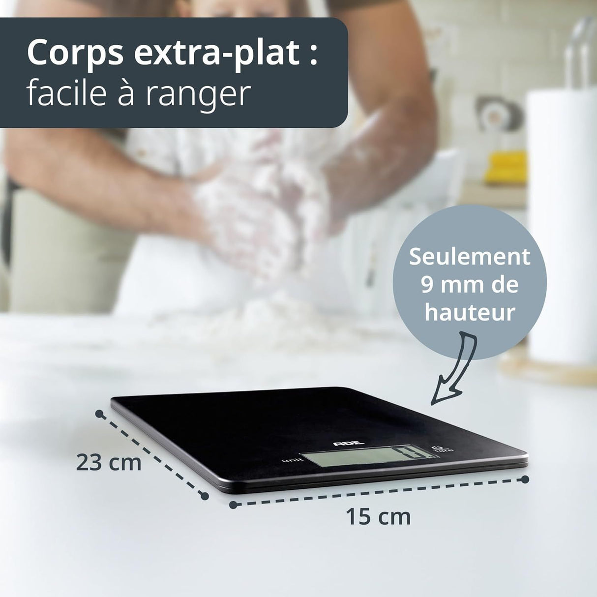 Balance de cuisine digitale - ADE - LEONIE - Plastique ABS - 22 x 17 cm - Inclus 1 pile Cr 2032 - Noir