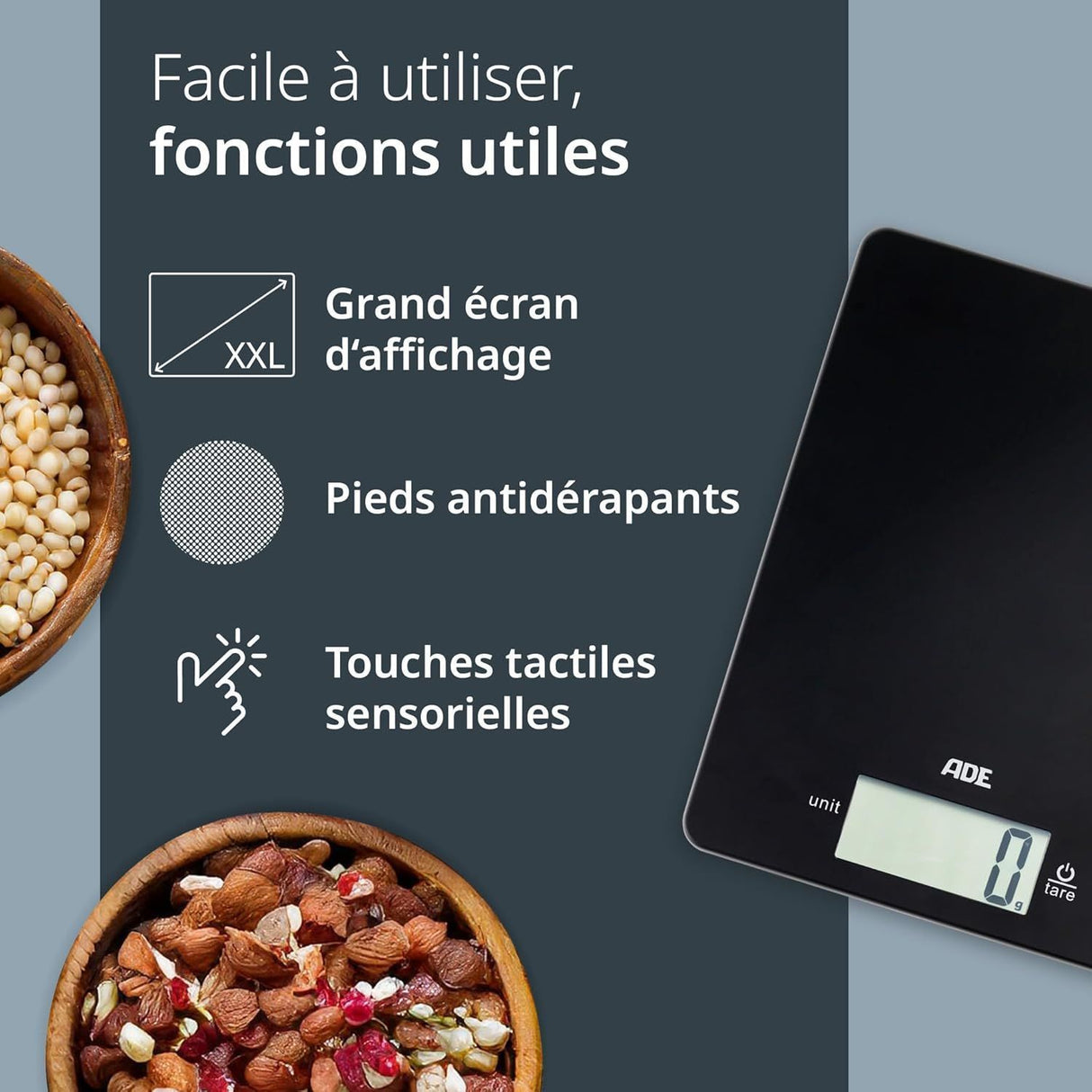 Balance de cuisine digitale - ADE - LEONIE - Plastique ABS - 22 x 17 cm - Inclus 1 pile Cr 2032 - Noir