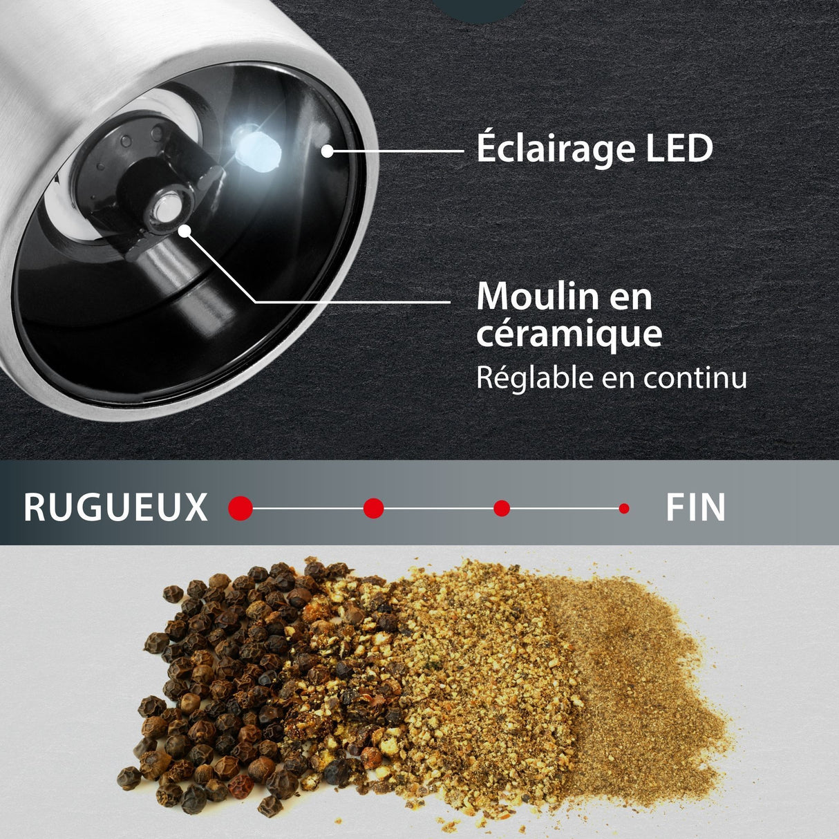 Moulin Poivre/Sel électrique - ADE -KITCHEN GADGETS - Acier inoxydable/plastique - H 22,5 cm - Inclus 6 pilles AAA - Rouge