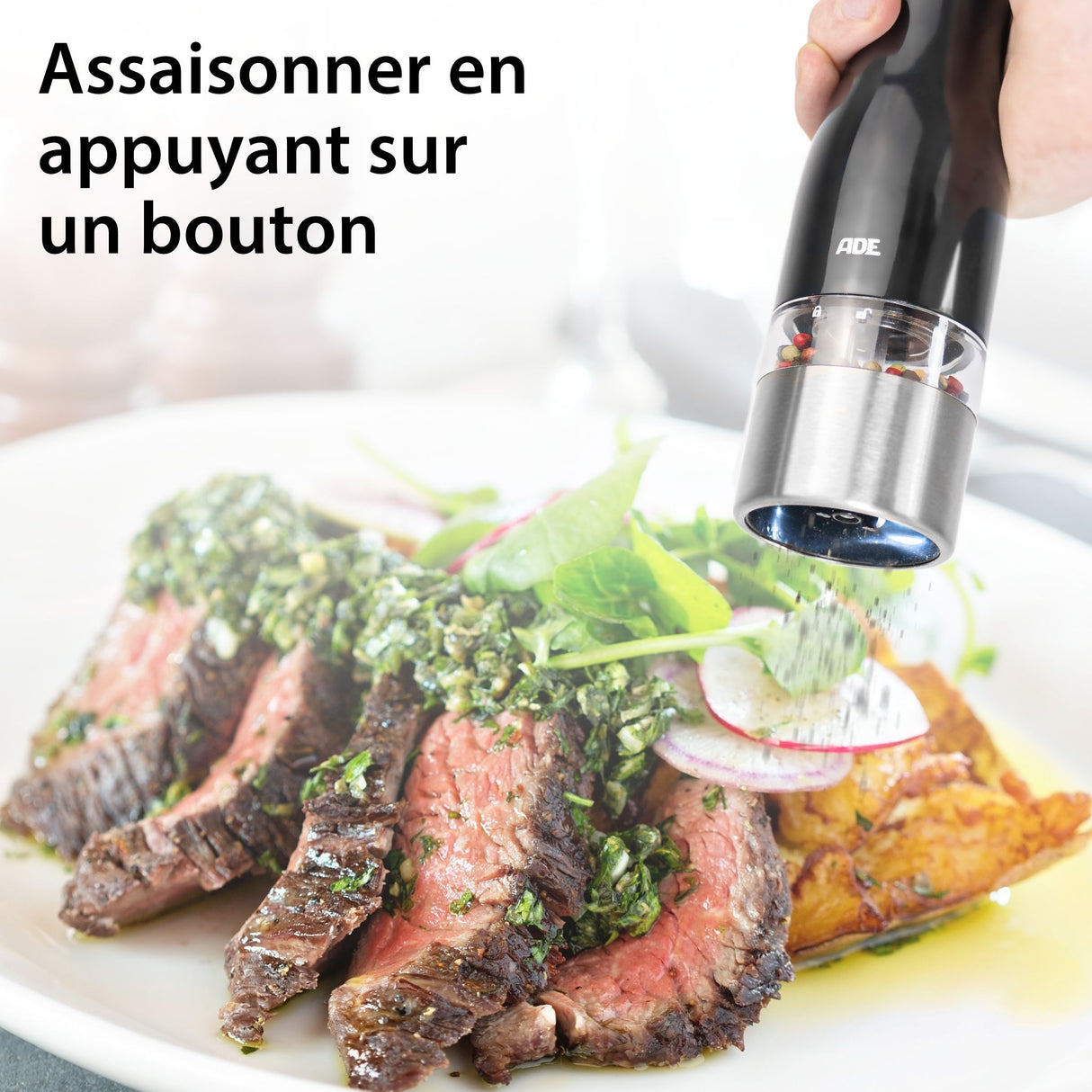 Moulin Poivre/Sel électrique - ADE -KITCHEN GADGETS - Acier inoxydable/plastique - H 22,5 cm - Inclus 6 pilles AAA - Noir